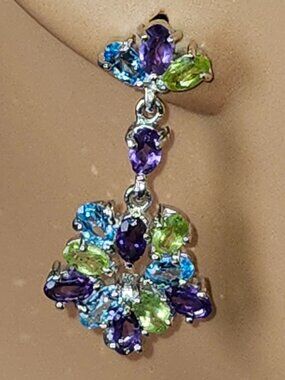 .925 Sterling Silver Amethyst, Peridot & Blue Topaz Dangle Earrings. Value $670